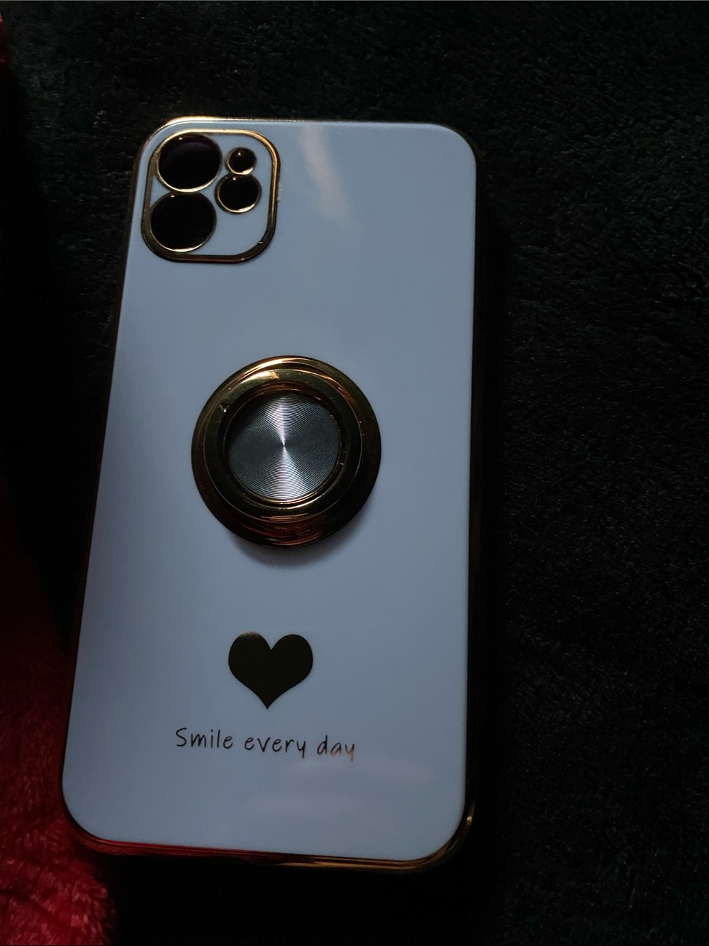 White Phone Case with Gold Ring Grip and Heart Accent